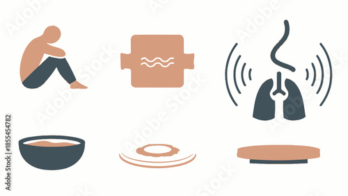 Collection of icons representing mental state, respiratory health, and various technological devices or food items.