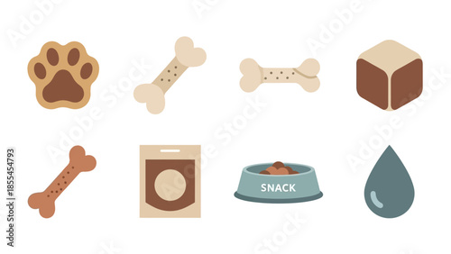 A collection of pet-related items including dog bones, paw print, food, and water, depicted as flat illustrations.