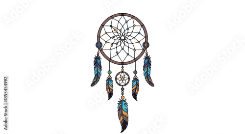 A detailed illustration of a traditional Native American dreamcatcher with an intricate web, beads, and hanging colorful feathers.