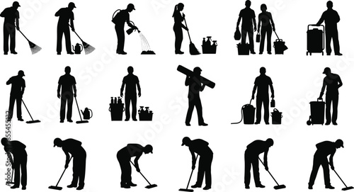Cleaning worker silhouettes set showing janitors and maintenance staff using tools for sanitation service industry illustration vector people professional