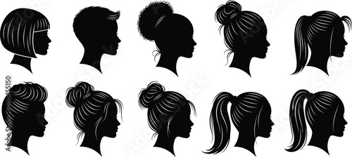 Collection of Diverse Female Silhouette Hairstyles Featuring Buns, Ponytails, Curls, and Short Cuts for Fashion and Design Concepts