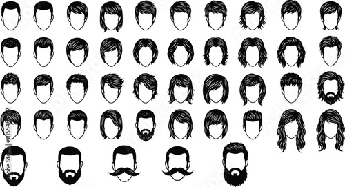Collection of Male and Female Hair and Beard Silhouettes Featuring Diverse Hairstyles, Mustaches, and Beards for Design and Styling Reference