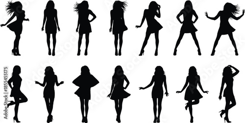 Collection of stylish female silhouettes showing dancing and fashion poses, modern women figures isolated on white background illustration