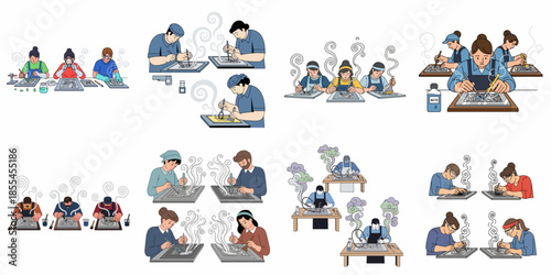 Collection of Illustrations Showing People Engaged in Traditional Etching, Engraving, and Chemical Printmaking Processes, Handling Acids and Producing Fumes.