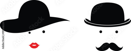Minimalist male and female face icons with hats, lips, and mustache on white background for gender identity and design concepts