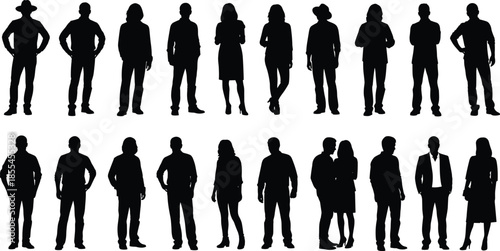 People silhouette collection showing diverse men and women standing poses isolated on white background for design use creative projects