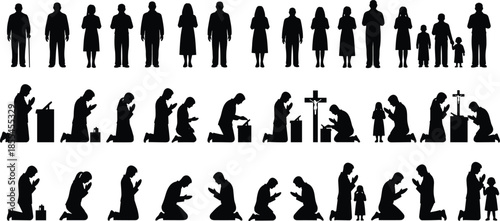 Religious prayer silhouettes of men women and children kneeling standing worship faith devotion church spirituality illustration Christian family vector icon set