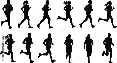 Running silhouettes of men and women jogging set isolated on white background for fitness training illustration design concept collection