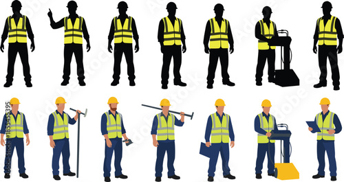 Set of construction workers wearing safety vests and helmets, showing various poses, tools, and equipment, isolated on white background