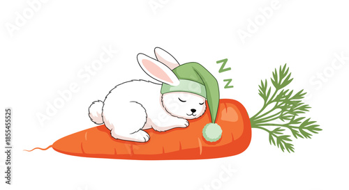 A sweet white cartoon rabbit wearing a green sleeping cap is peacefully napping on top of a large orange carrot illustration.