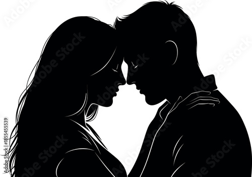Romantic couple silhouette faces touching in love