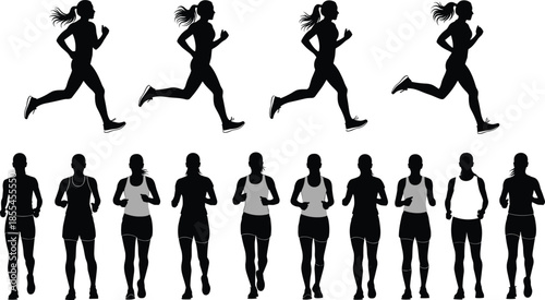 Silhouette set of women running and jogging poses, fitness training concept, healthy lifestyle, sports activity, and active female body motion