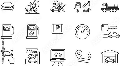 Car service and transportation line icons set featuring repair, towing, fueling, parking, navigation, and vehicle maintenance symbols