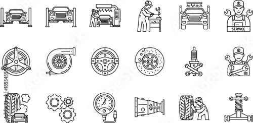 Car service and auto repair line icons set featuring vehicle maintenance, mechanics, diagnostics, parts replacement, and workshop equipment symbols