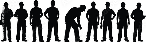 Silhouettes of construction workers in various poses with hard hats and tools on white background for labor and industry themes