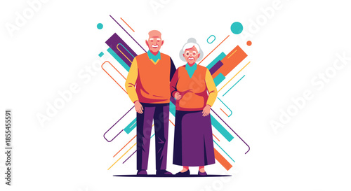 A stylishly dressed elderly couple stands together against a colorful and abstract geometric background, representing active retirement.