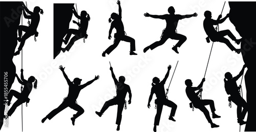 Silhouettes of Rock Climbers in Dynamic Poses with Gear and Rope on White Background – Adventure, Fitness, and Outdoor Challenge Concept
