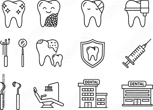 Dental clinic and tooth treatment line icons set featuring oral care, tools, protection, surgery, and dentistry services