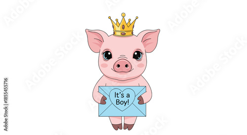 A charming pink piglet wearing a gold crown holds a blue envelope with a heart and an 'It's a Boy!' baby announcement.