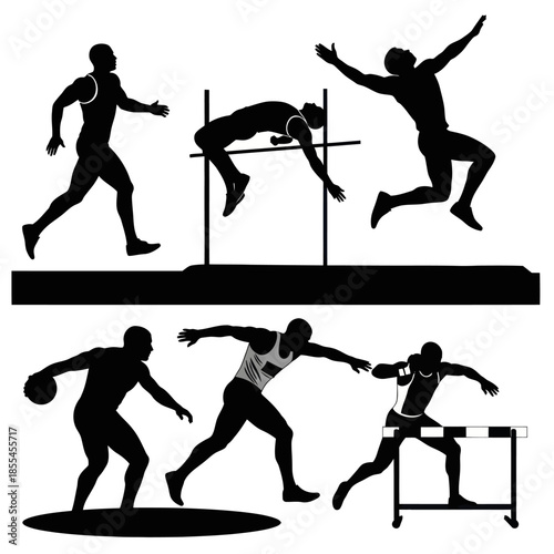 Silhouette of athletes performing various track and field events.