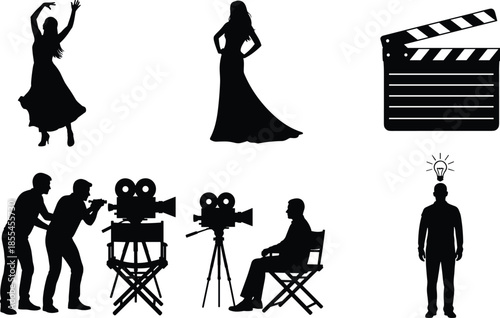 Silhouettes representing film production roles including director, camera crew, dancer, actor, clapperboard, and creative idea in cinematic arts