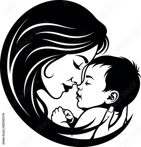 Black and white illustration of a mother kissing her baby on the cheek in a circular frame