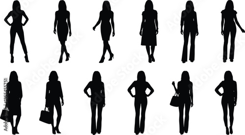 Stylish black silhouettes of fashionable women in various poses, showcasing elegance, diversity, modern outfits, and confident body language.