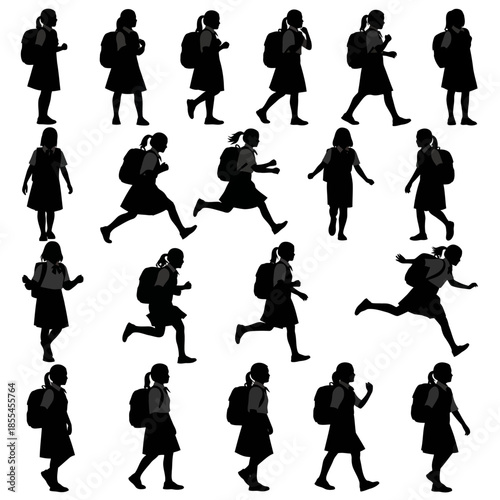 Silhouettes of Schoolgirls Walking and Running with Backpacks.