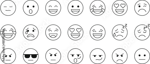 Emoticon and facial expression line icons set featuring happy, sad, angry, surprised, love, sleepy, and neutral emotion symbols