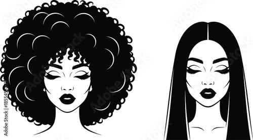 Stylized black and white illustration of diverse female faces with afro and straight hairstyles, celebrating hair texture and beauty diversity.