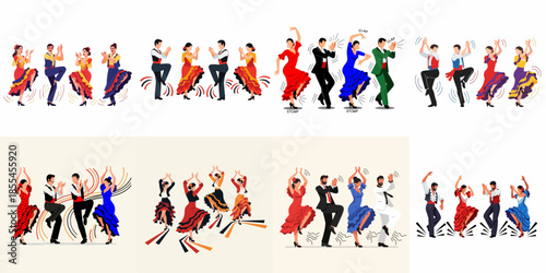 Dynamic Flamenco dance set featuring various couples and groups in traditional Spanish costumes performing vibrant footwork and clapping rhythms.