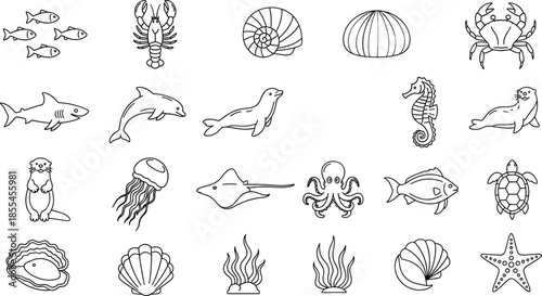 Hand Drawn Sea Life Line Icons Set Featuring Marine Animals Shells Fish and Ocean Creatures Isolated Vector Illustration