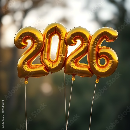 2026 new year gold balloons floating in the outdoors