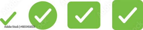 Set of Green Checkmark Icons in Circular and Square Shapes Representing Approval Success Completion Correct Choice and Verification