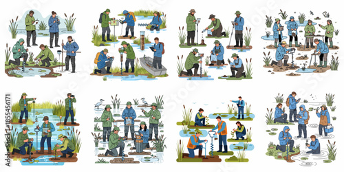 Environmental Scientists and Ecologists Conducting Fieldwork in Wetland Ecosystems, Collecting Soil, Water Samples, and Surveying Biodiversity Illustration Set.