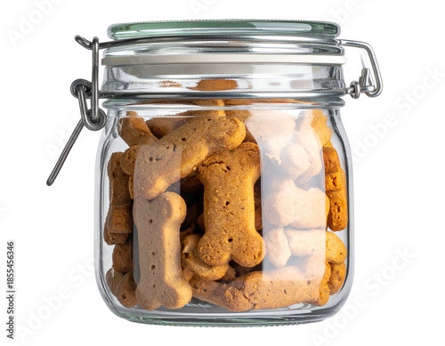Clear glass jar filled with bone-shaped dog treats