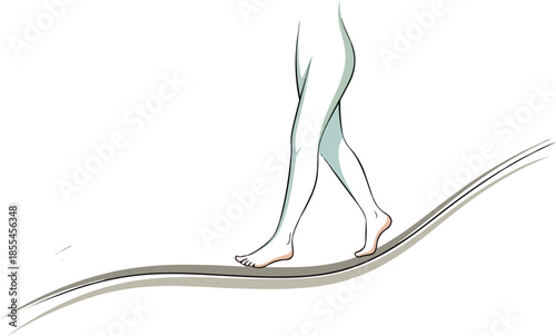 Concept of life balance and risk management, minimalist illustration of person walking on a tightrope, metaphor for stability, focus, and overcoming challenges.