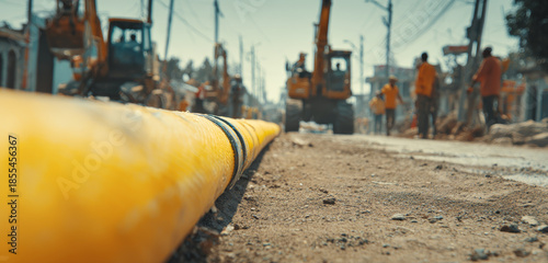 Wallpaper Mural A yellow plastic water pipe on a construction site with heavy machinery and workers in the background Torontodigital.ca
