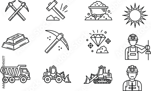 Outline mining and excavation icon set with tools, machinery, minerals, workers, trucks, and industrial extraction symbols for design use