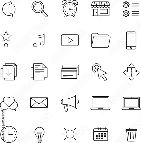 Outline user interface icon set featuring media, communication, files, devices, navigation, and system tools for web and mobile design