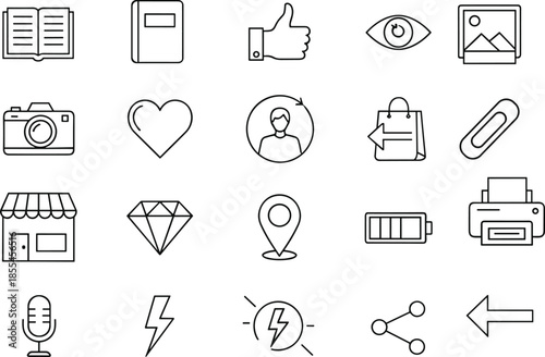 Outline user interface icon set with social media, media, shopping, location, interaction, and utility symbols for web and mobile design