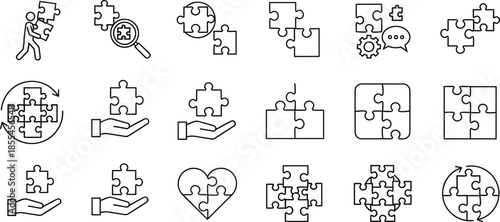 Puzzle and problem solving line icons set featuring teamwork, solutions, integration, analysis, collaboration, thinking, and connection concepts