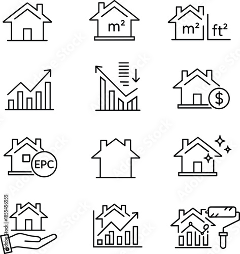Real estate and property analytics line icons set featuring house valuation, energy rating, renovation, investment growth, and market trends