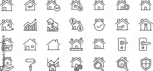 Real Estate and Property Line Icons Set Featuring Houses Valuation Investment Measurement Security and Home Management Outline Vector