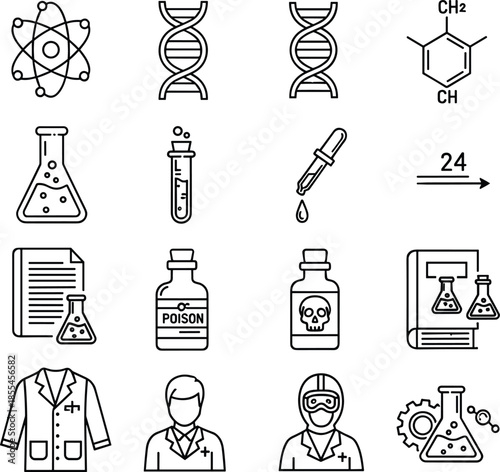 Science and laboratory line icon set featuring chemistry, biology, medicine, research tools, molecular symbols, and scientific experiment elements