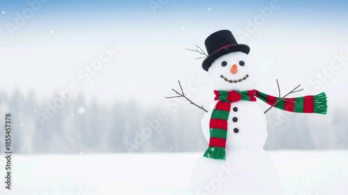 Smiling Snowman with Scarf and Top Hat in a Winter Wonderland Landscape.