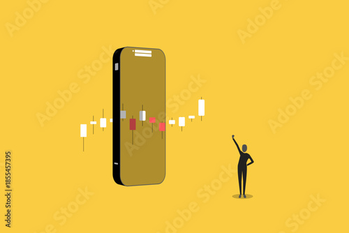 Businessman happy looking candlestick chart. concept of online stock market trading or investment analysis via a smartphone app