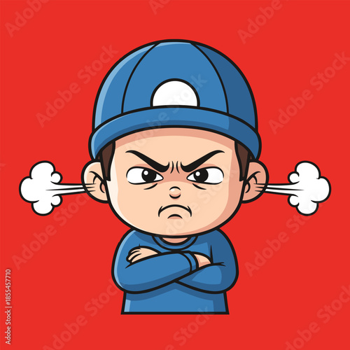 Cartoon Boy with Steam Coming Out of Ears in Anger.