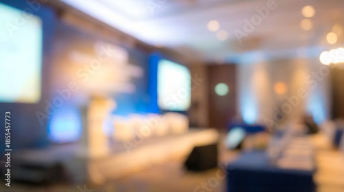 Wallpaper Mural Blurred background of a modern conference room with projector screens and a row of chairs, business presentation setup with blue and white lighting Torontodigital.ca