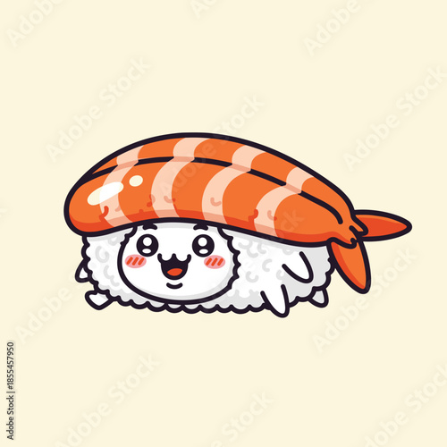 Adorable Sushi Character with Shrimp Topping and Cheerful Expression.
